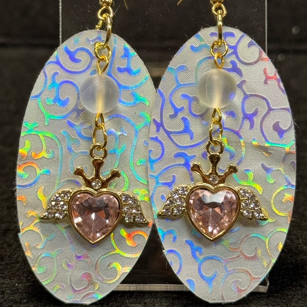 Silver with Holographic Design Faux Leather and Gold Heart Wing Earrings
